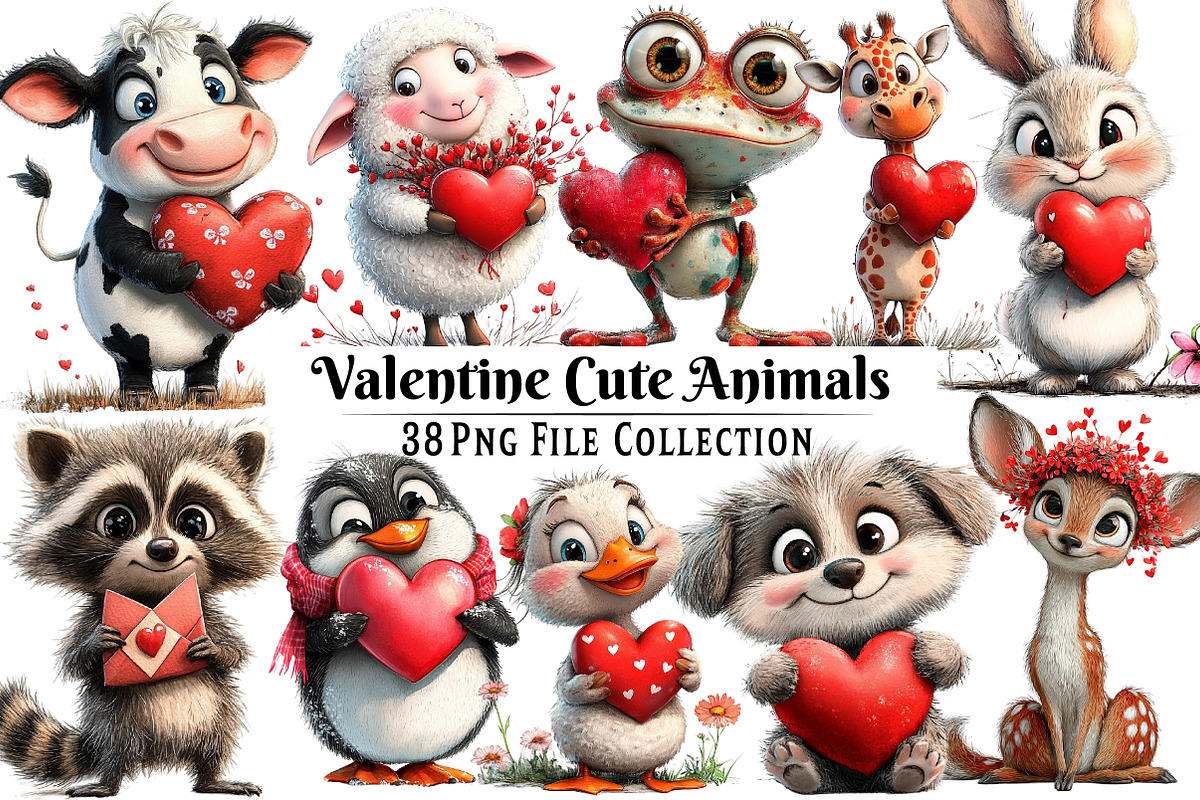 Valentine's Cute Animals Clipart, an Illustration by Dream Creation (Photo 1 of 7)