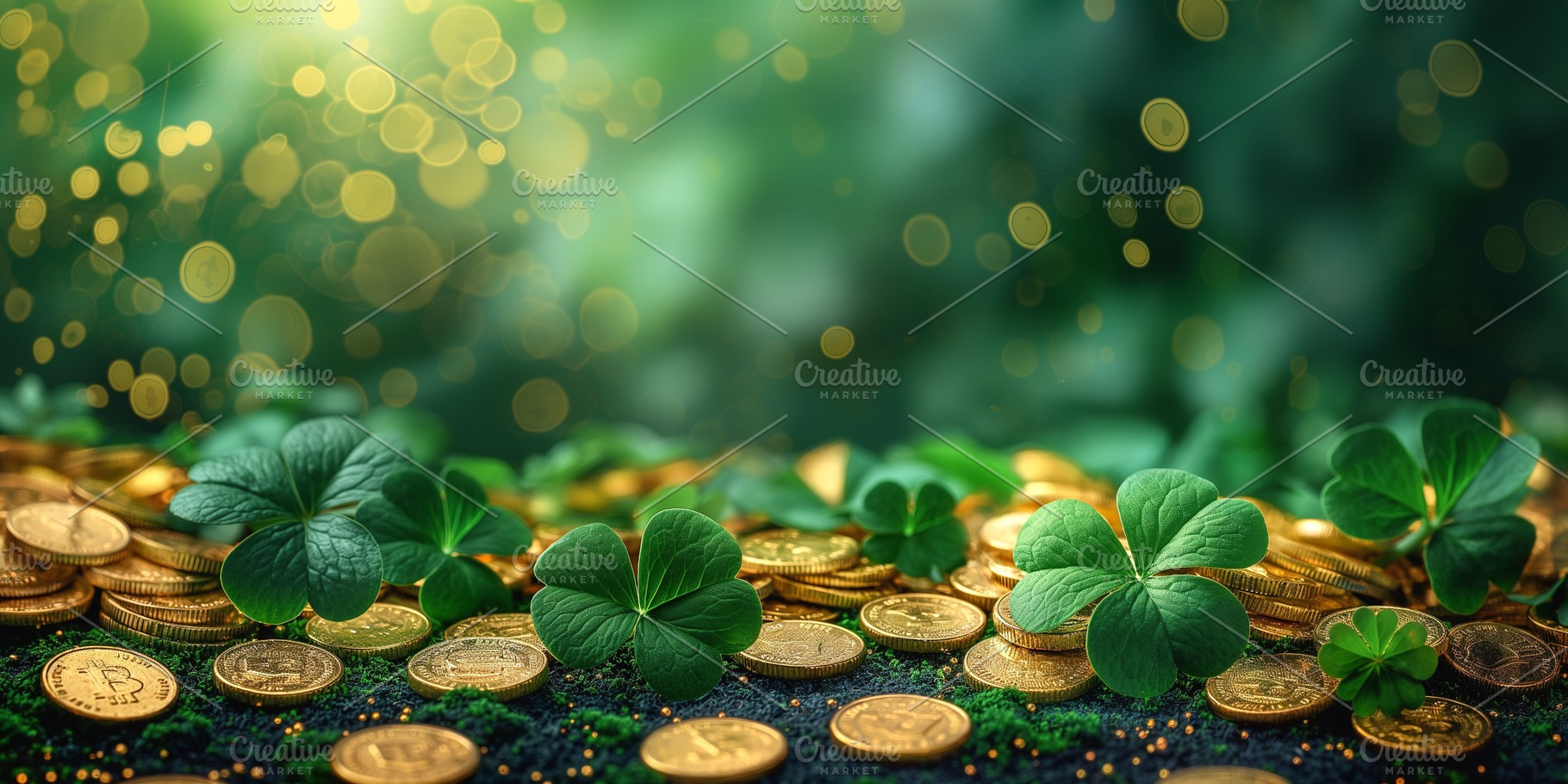 A vibrant scene featuring lush green clovers and shining gold coins, creating a, a Business Photo by ImageMir
