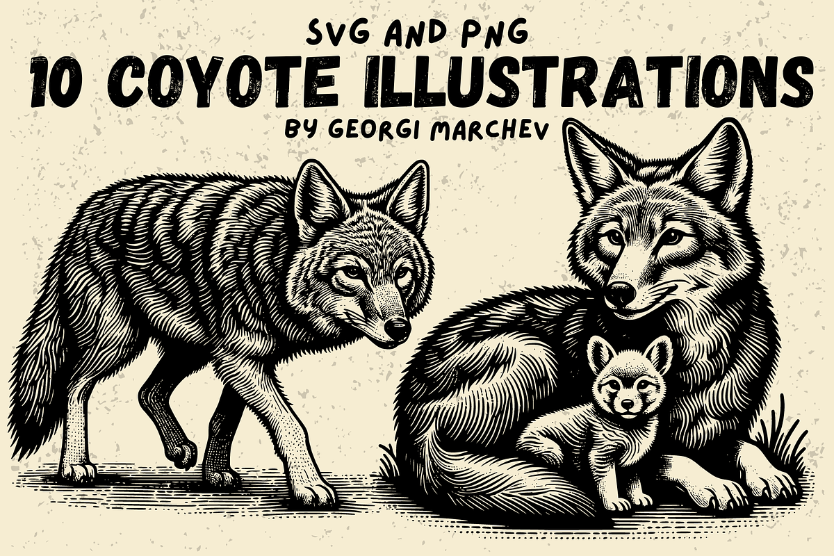 Retro Coyote Drawings Bundle SVG PNG, an Animal Illustration by Ray Crimson