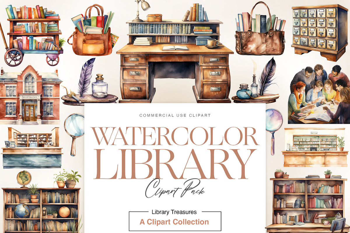 Watercolor Library Clipart, Reading, an Education Illustration by BrushstrokeArtGB (Photo 1 of 9)
