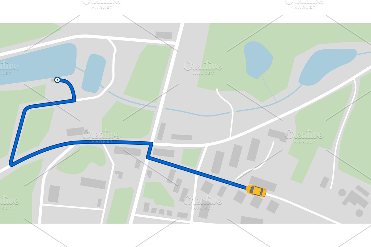 City map with yellow car and route, a Transportation Illustration by SkyVectors