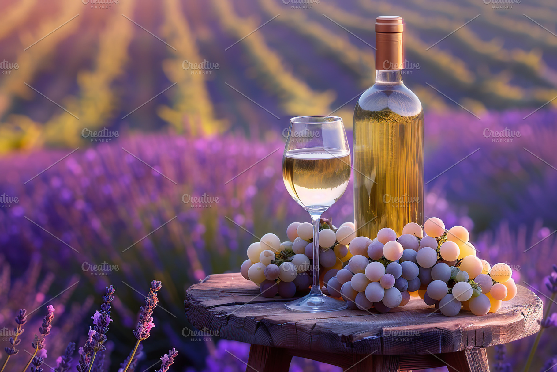 Bottle and glass of white wine and grape bunch in a lavender fie, a Photo by AlyaAnd