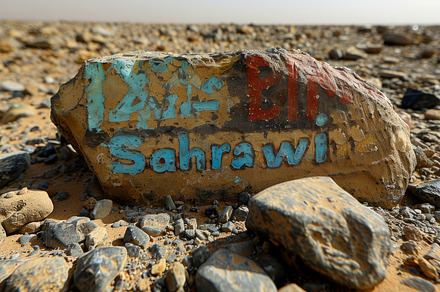 Close-Up View of a Weathered Stone with 'Sahrawi' Painted on in a Desert, a Photo by AS photostudio