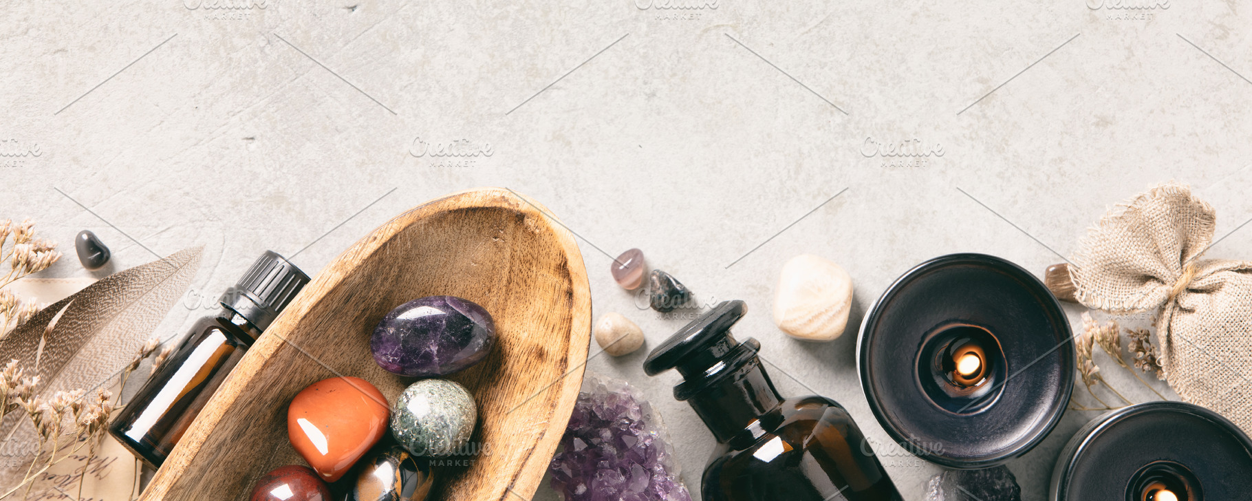 Wellness and Spa Setup with Crystals, Oils, and Candles, a Health & Medical Photo by Natalia Klenova's Shop