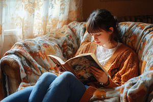 A young woman sits comfortably, a Photo by Pavel_design