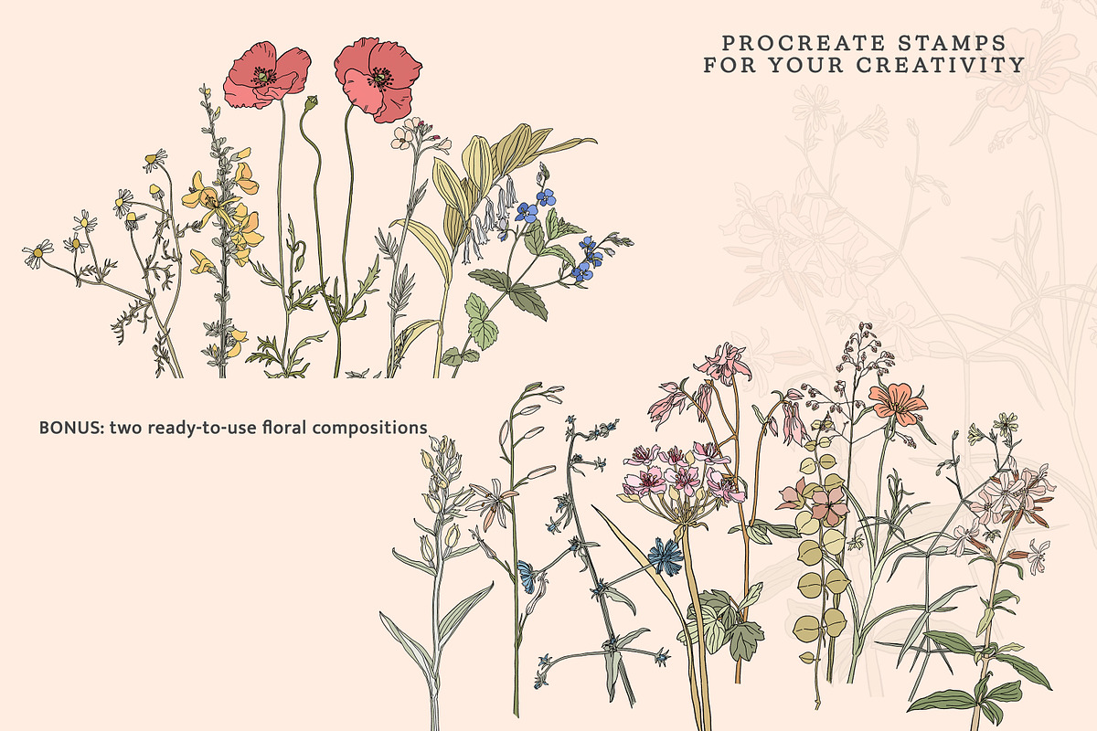 Procreate Stamps Wildflowers, a Brush Add-On by Pink Studio Art