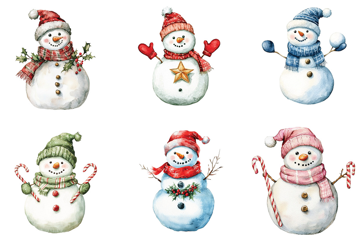 Watercolor Christmas Snowman Clipart, a Work Illustration by CraftArtStudio (Photo 3 of 6)