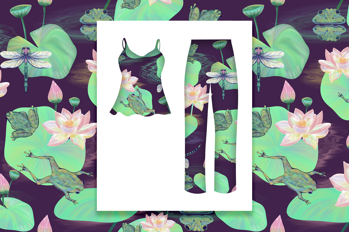 Frog Lotus Seamless Pattern, a Pattern Graphic by Oksana Dovhopol Art (Photo 3 of 23)