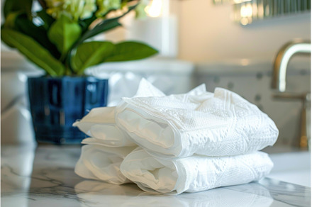 Stack of clean white hand towels, a Person Photo by Ylivdesign
