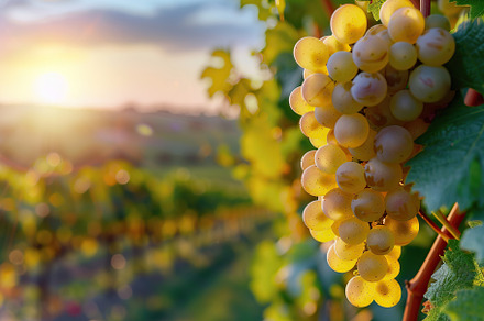 White grape bunches hanging in vineyard on sunset background, a Food & Drink Photo by AlyaAnd