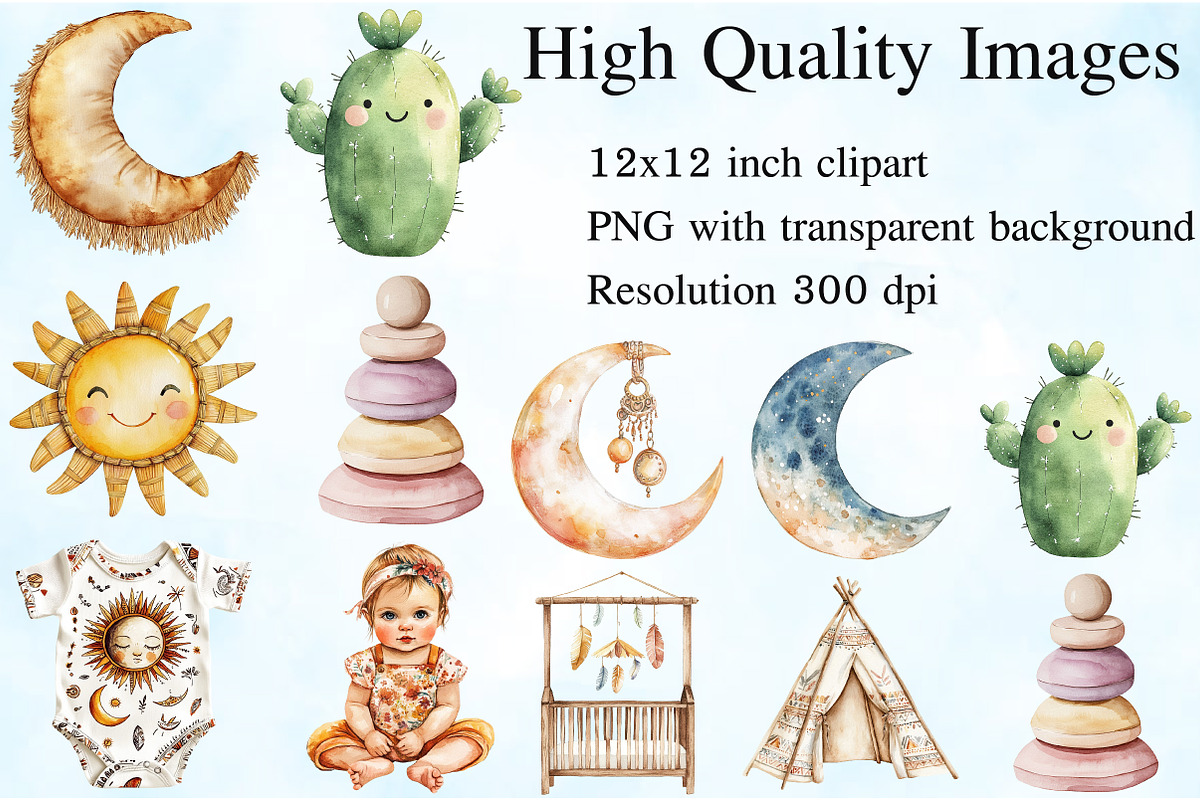 Boho Baby Watercolor Clipart Bundle, an Illustration by Craft Nest (Photo 2 of 6)