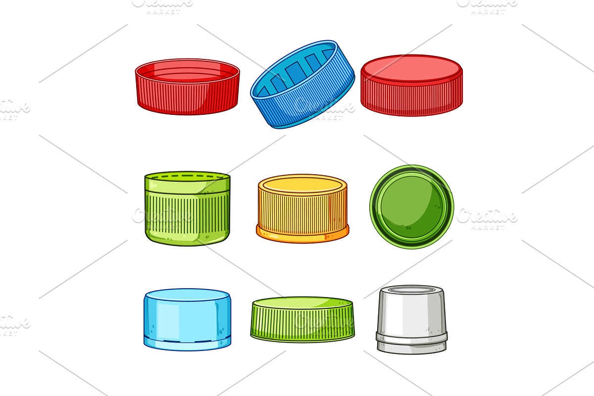 plastic bottle cap set cartoon, an Illustration by pikepicture