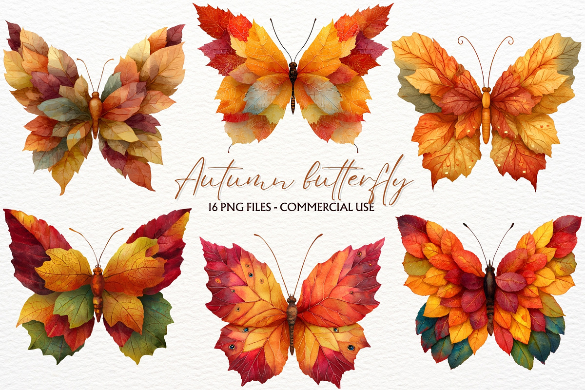 Autumn Leaves Butterfly Clipart PNG, a Seasonal Illustration by SugarCloudStudioArt (Photo 1 of 4)