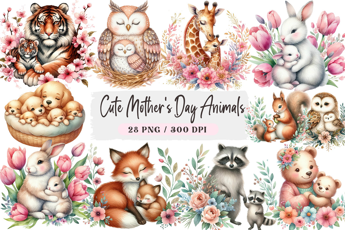 Cute Mother's Day Animals Clipart, an Illustration by DreamArtGraphic (Photo 1 of 4)