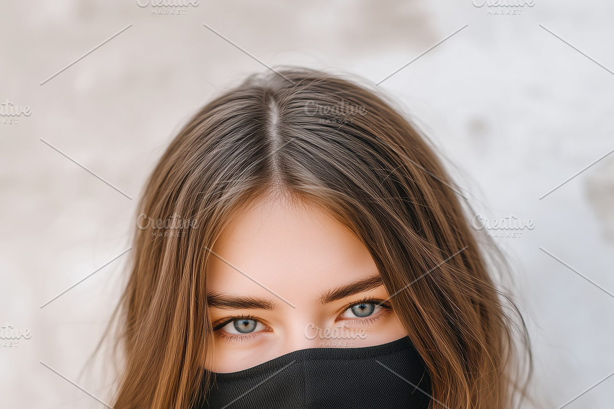 A young woman with long brown hair wearing a black mask mockup, looking directl, a Mask Mockup by Textures & Backgrounds