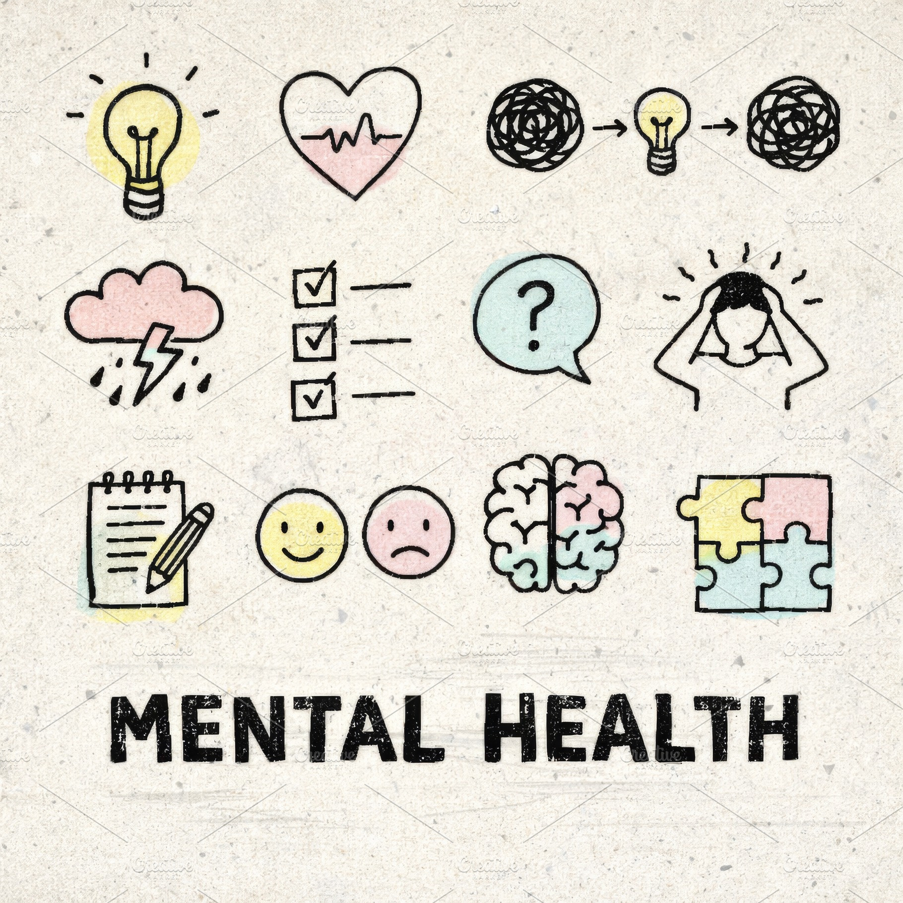 Handwritten mental health icons illustrating various concepts re, a Photo by Dvoevnore photos