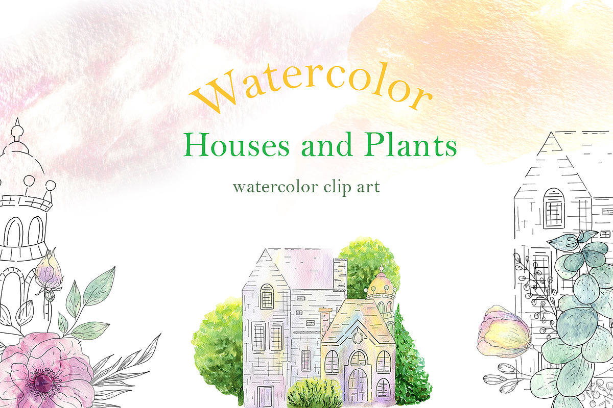Watercolor Houses and Plants, an Illustration by ViсkyArtDesign (Photo 1 of 14)