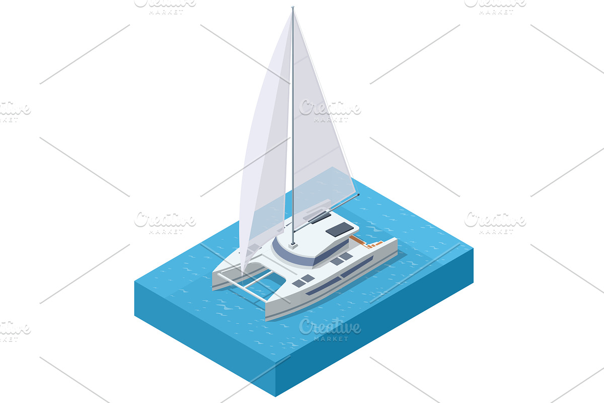 A large, modern Isometric catamaran, a Transportation Illustration by Golden Sikorka