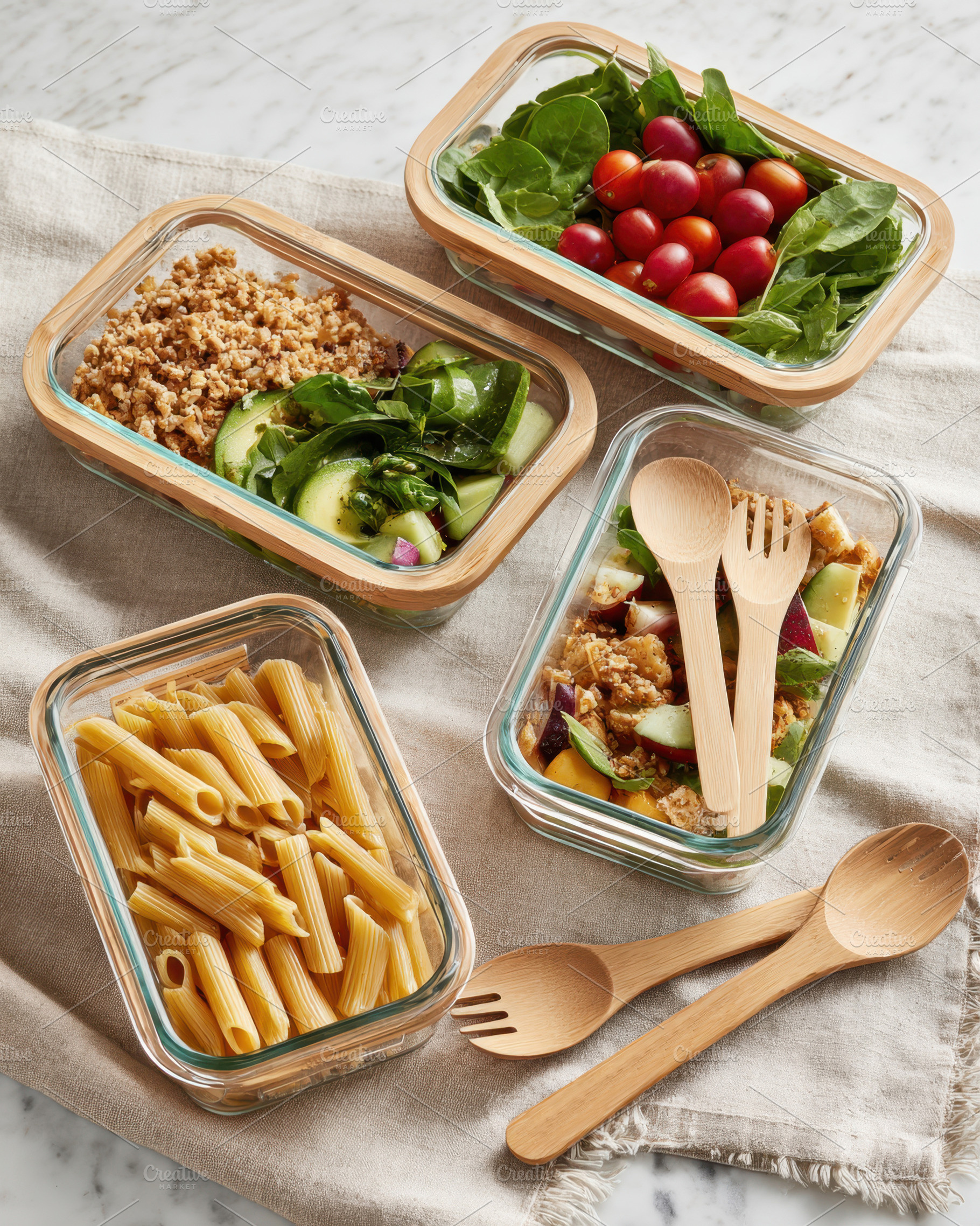 Healthy meal prep in glass containers, a Food & Drink Photo by AlyaAnd