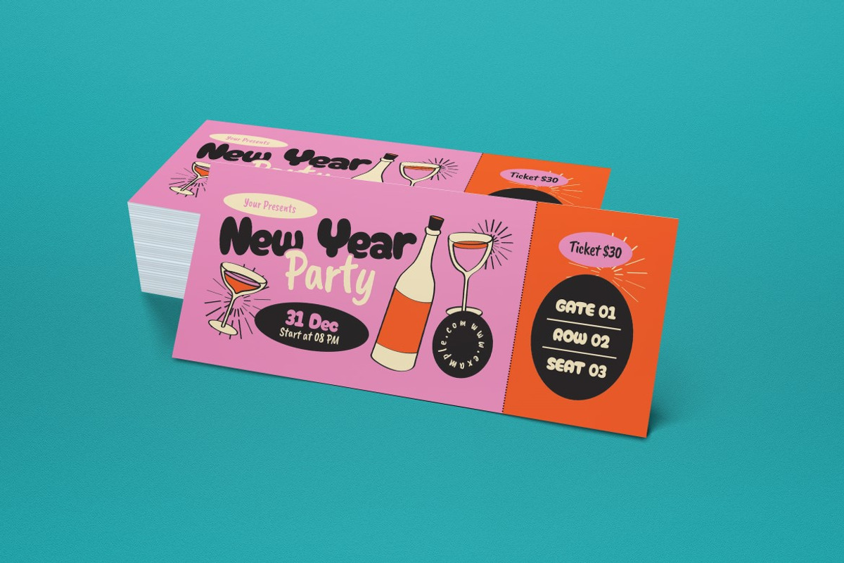 Pink Quirky New Year Party Ticket, a Card Template by graphicook (Photo 2 of 3)