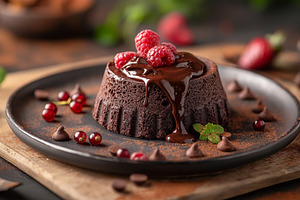 A decadent chocolate lava cake topped with fresh raspberries and, a Food & Drink Photo by ImageMir