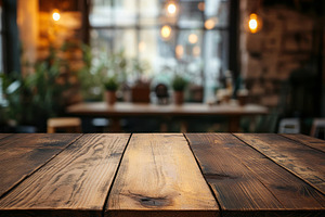 Warm wooden table in a cozy cafe setting with soft lighting and plants in the b, a Background Photo by ImageMir