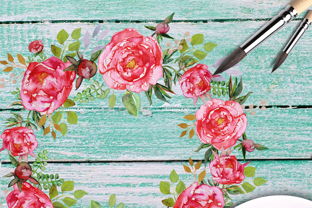 Watercolor clipart; Peony wreath, a Decorative Illustration by Download Graphic Art (Photo 3 of 8)