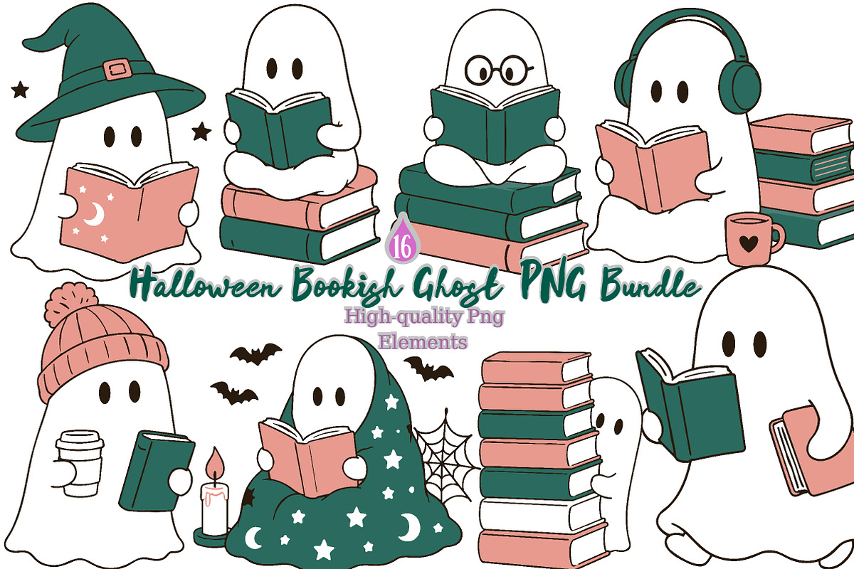 Halloween Bookish Ghost PNG Bundle, a Seasonal Illustration by Daily.Designs (Photo 1 of 4)