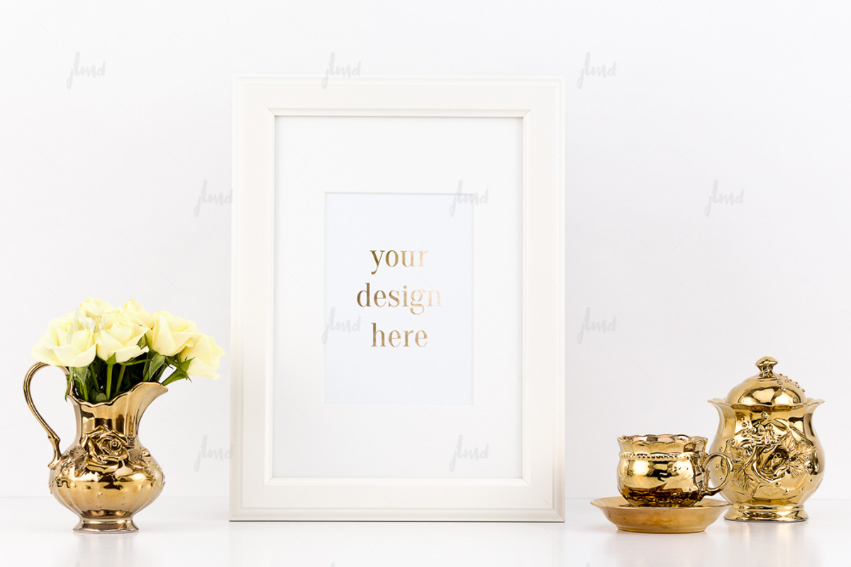 White frame rose, gold styled design, a Print Template by JustLikeMyDesktop
