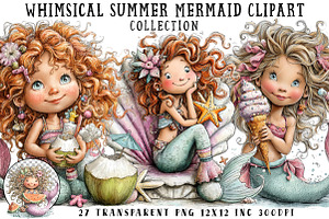 Whimsical Summer Mermaid Clipart, an Illustration by OK Design