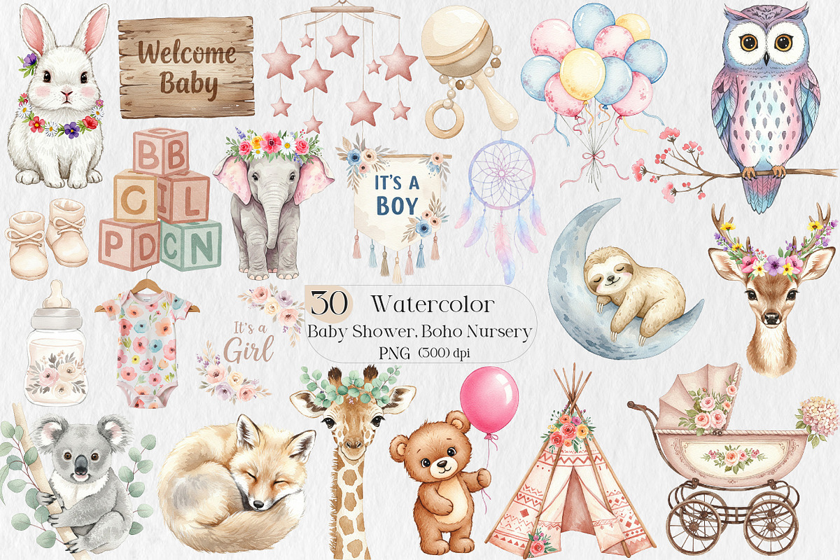 Baby Shower Clipart,Boho Nursery Png, an Illustration by Creative Art (Photo 1 of 9)