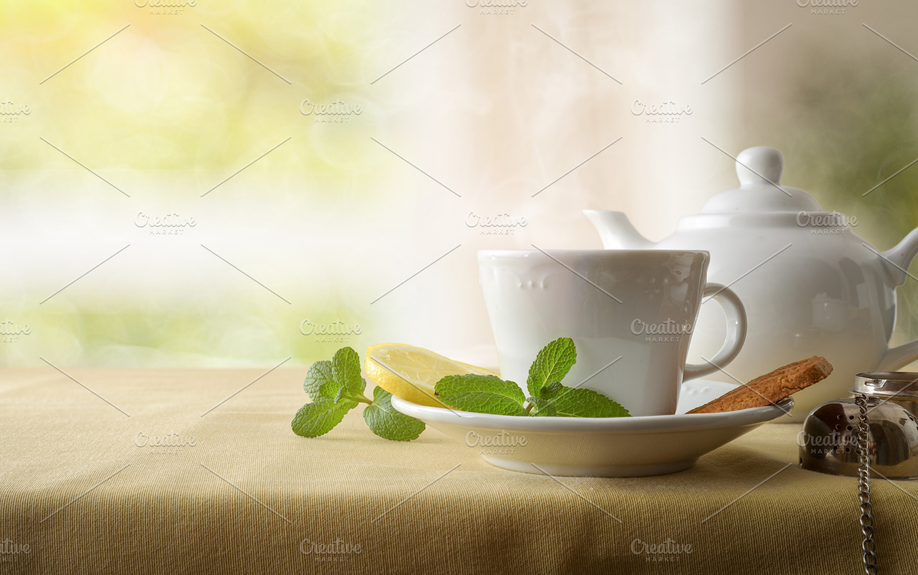 Green tea on a table with tablecloth in living room, a Food & Drink Photo by Davizro's Market