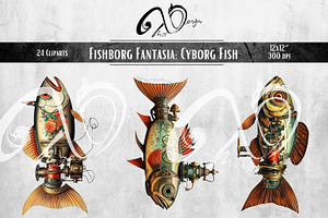 Cyborg Fish Surreal Printable PNGs