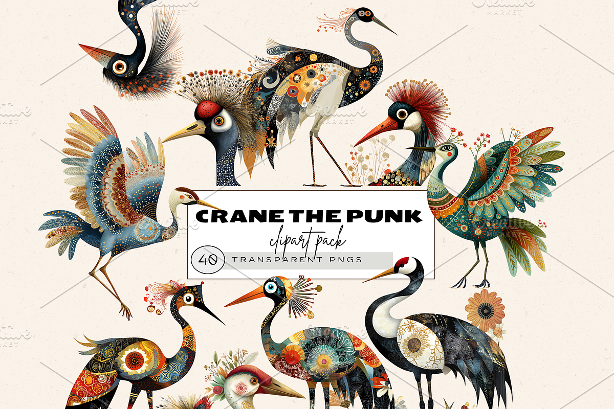 WHIMSICAL FOLK CRANE BIRD CLIPART, an Animal Illustration by Daring Digies (Photo 1 of 9)