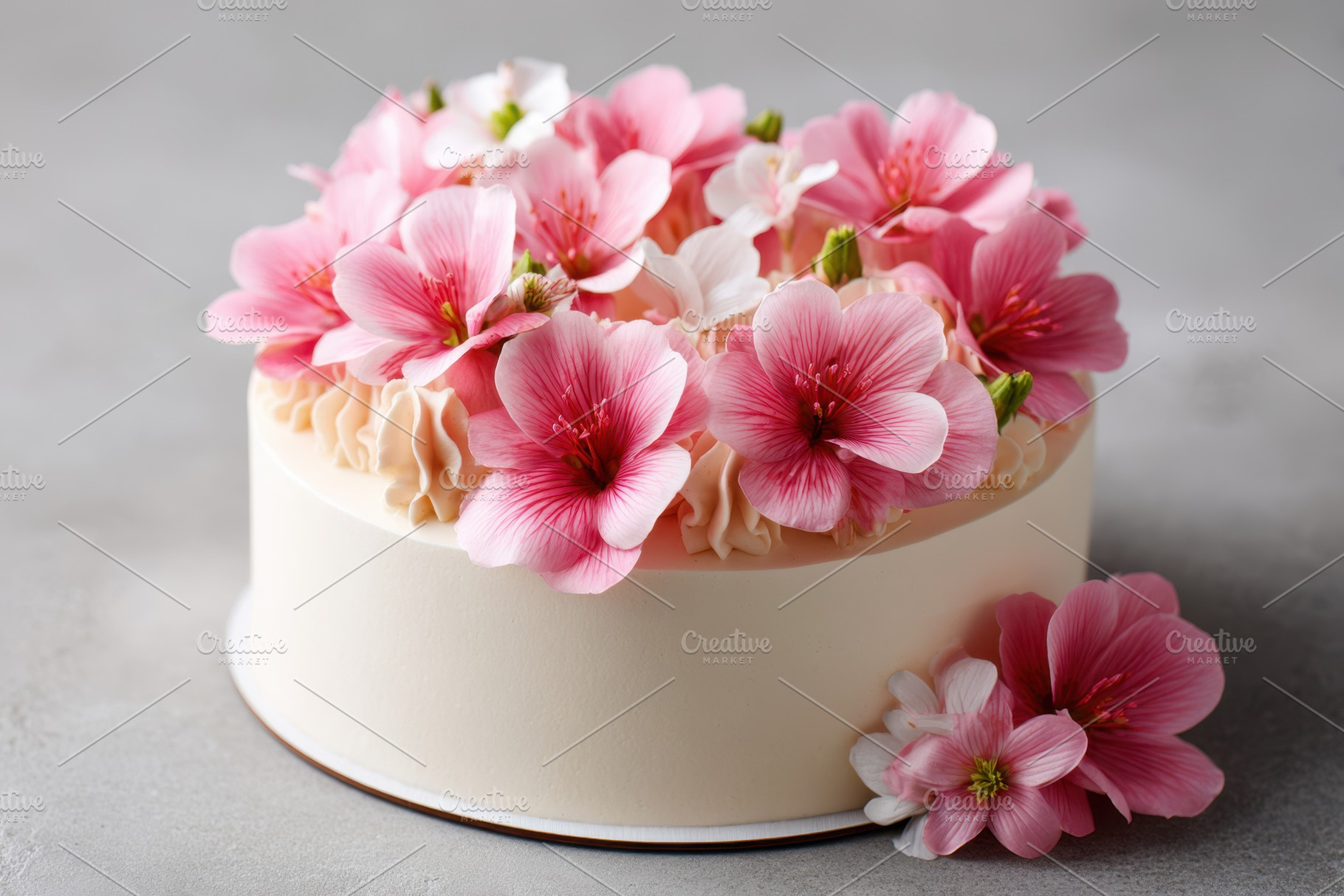 Elegant floral cake with pink and white flowers, a Food & Drink Photo by AlyaAnd