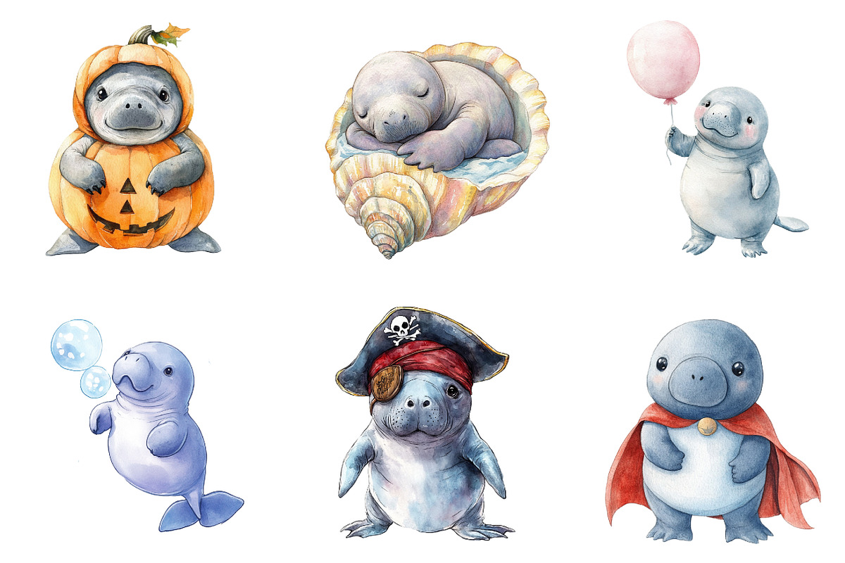 Cute Baby Watercolor Manatees Clipar, an Illustration by CreationArt (Photo 5 of 5)