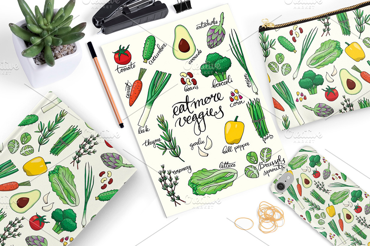 19 hand drawn vegetables + patterns, a Decorative Illustration by pixelwerk (Photo 4 of 4)