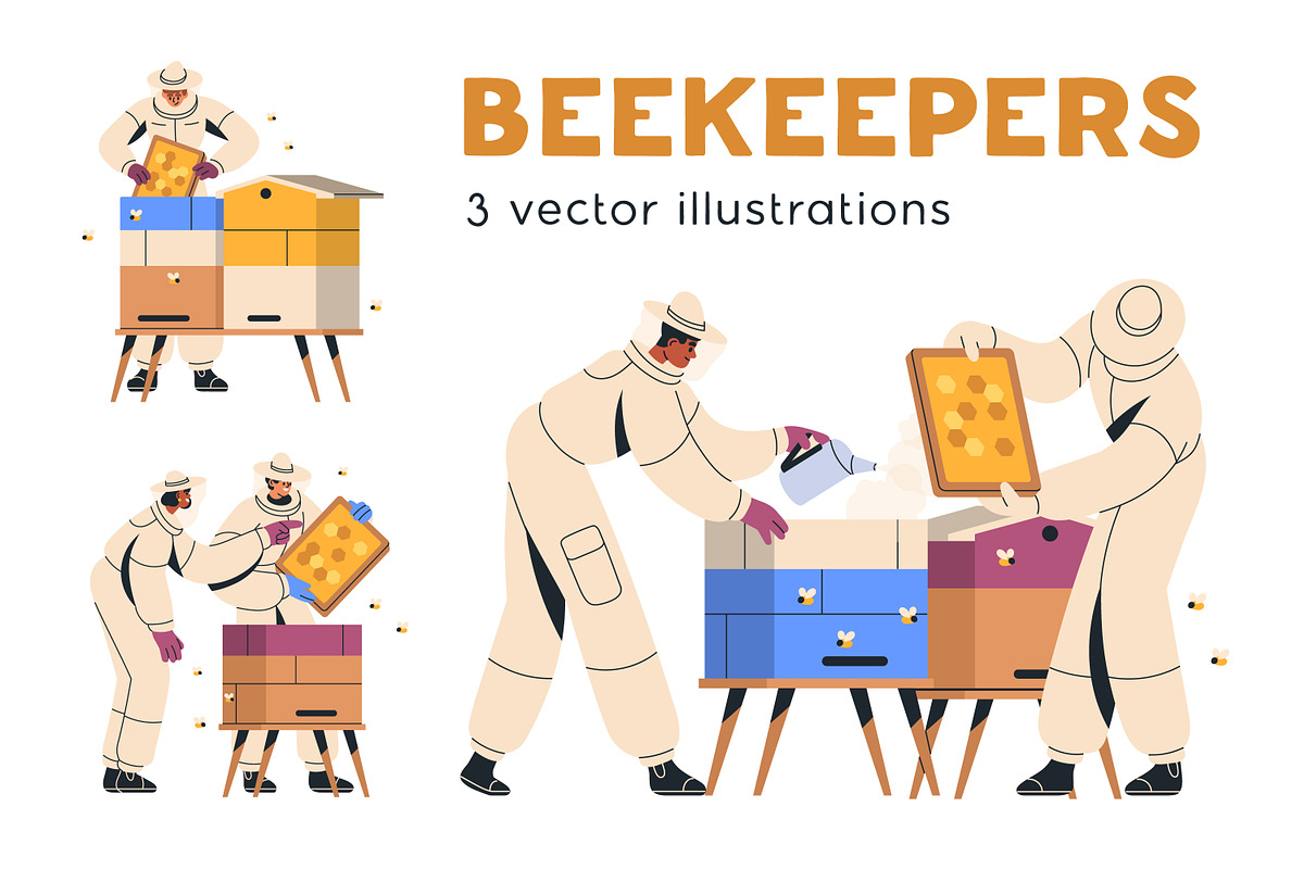 Beekeepers work with honey bees set, a Person Illustration by Good Studio (Photo 1 of 4)