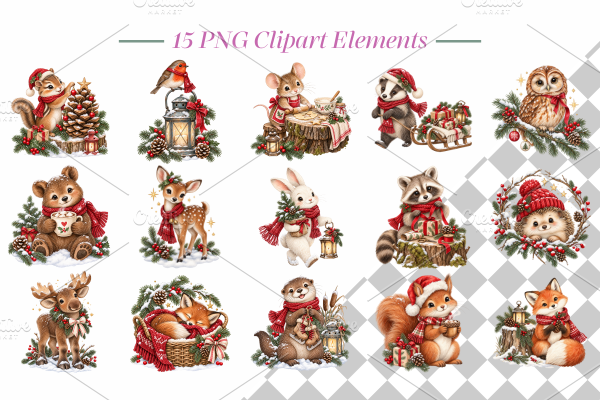 Christmas Woodland Animals Cliparts, a Seasonal Illustration by Ink Gallery (Photo 1 of 8)