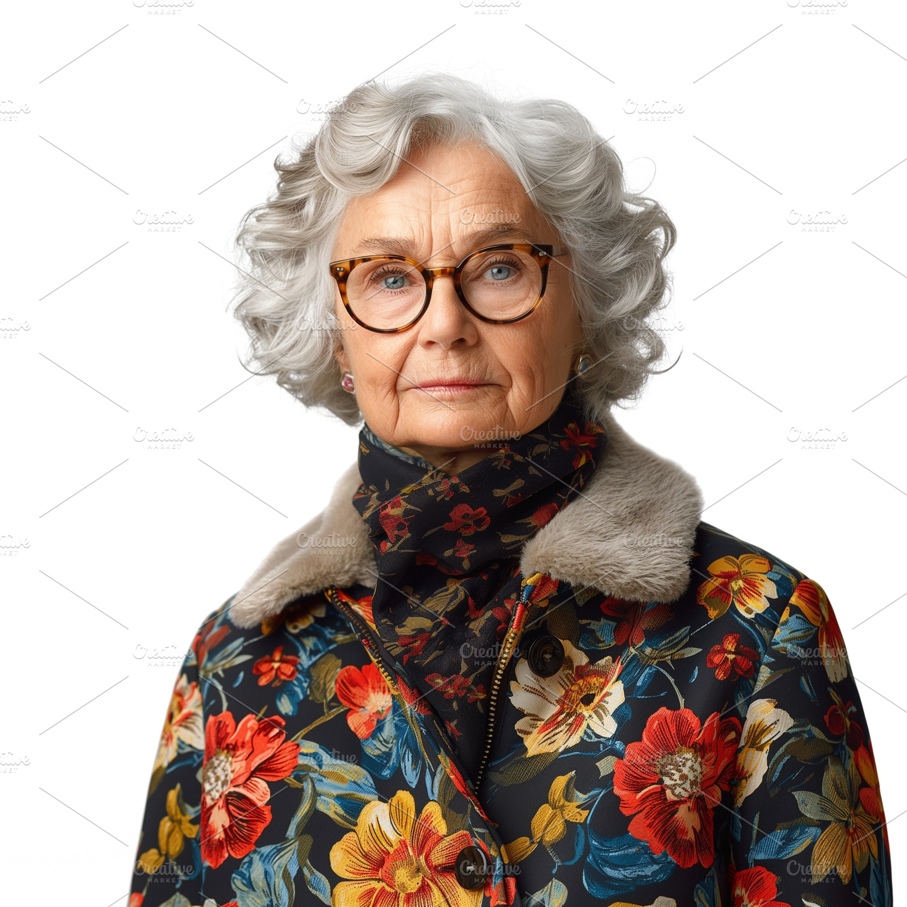 An elderly Caucasian woman with curly gray hair, wearing a floral-patterned coa, a Person Photo by ImageMir