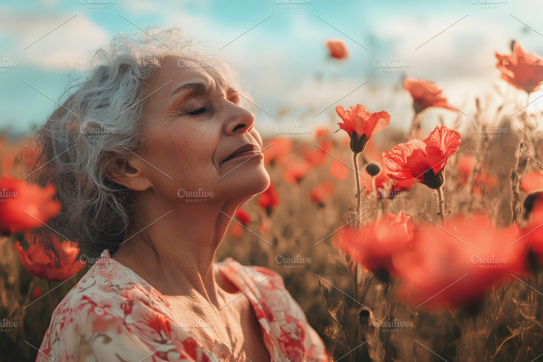 senior latina woman in poppy field, generative AI, a Photo by Nito