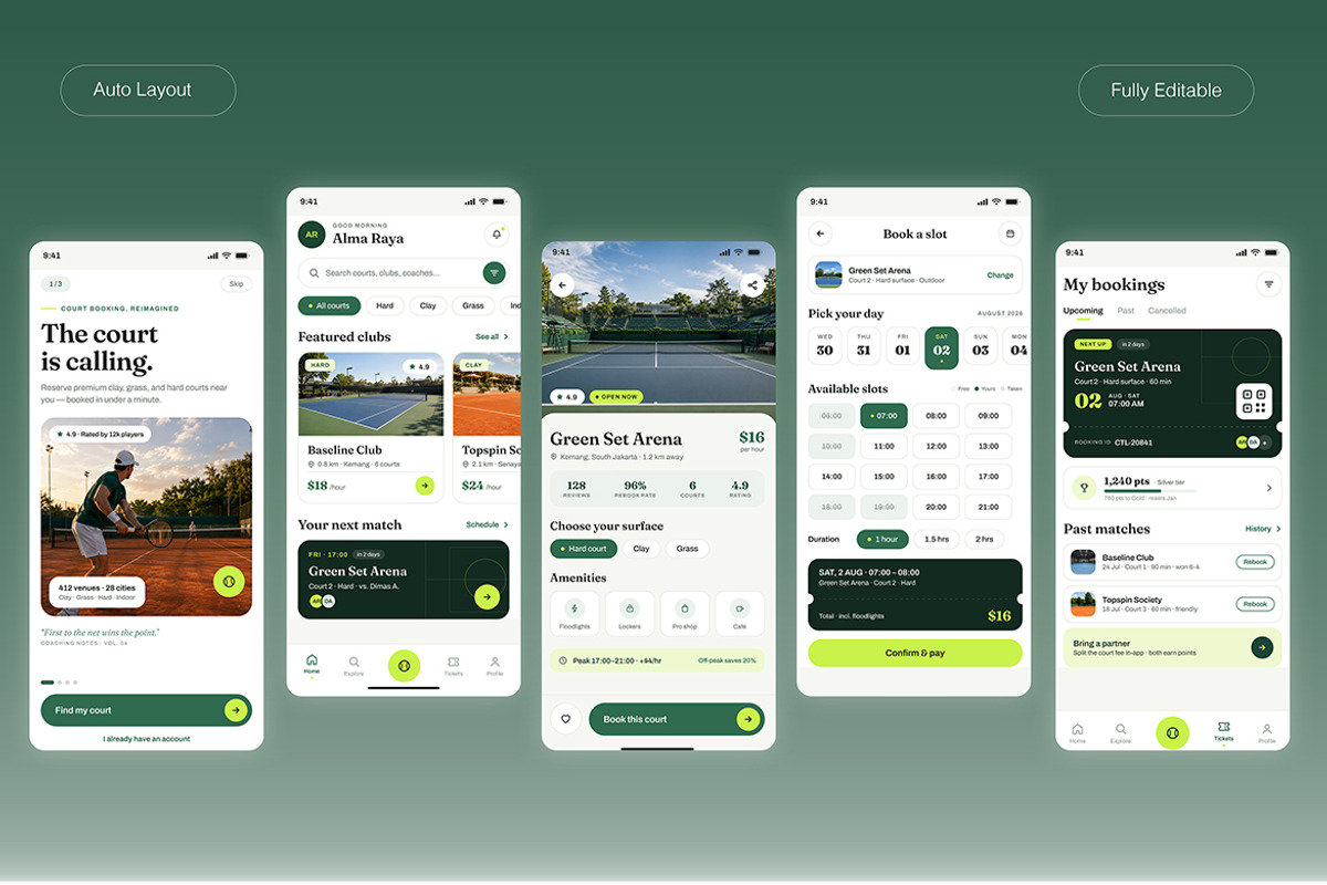 Courtly – Tennis Court Booking App, an UI Kit Template by Pitchlook.Studio (Photo 3 of 4)