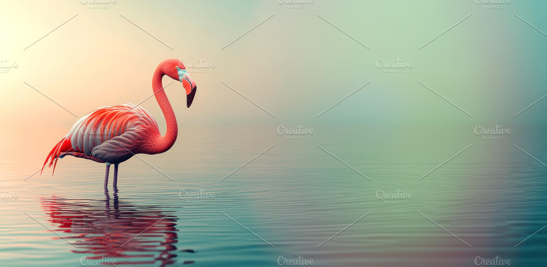 Pink flamingo standing in calm water with pastel gradient sky re, an Animal Photo by José Manuel Gelpi