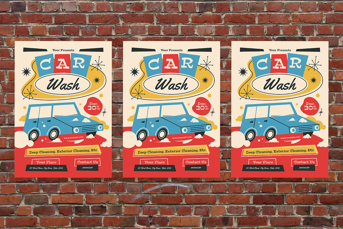 Red Mid Century Car Wash Flyer Set, a Flyer Template by Aiyari Graphic (Photo 3 of 3)