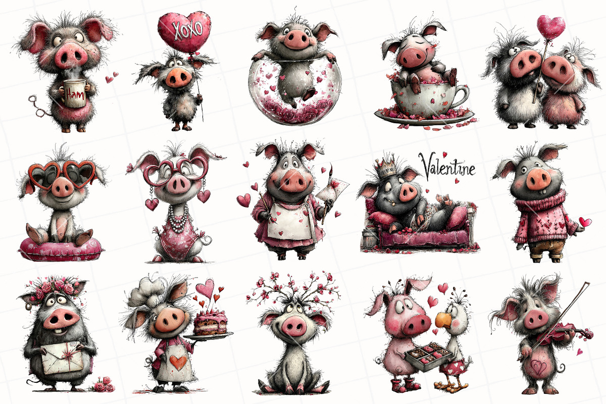Quirky Valentine Pig Clipart, an Illustration by OK Design (Photo 3 of 6)