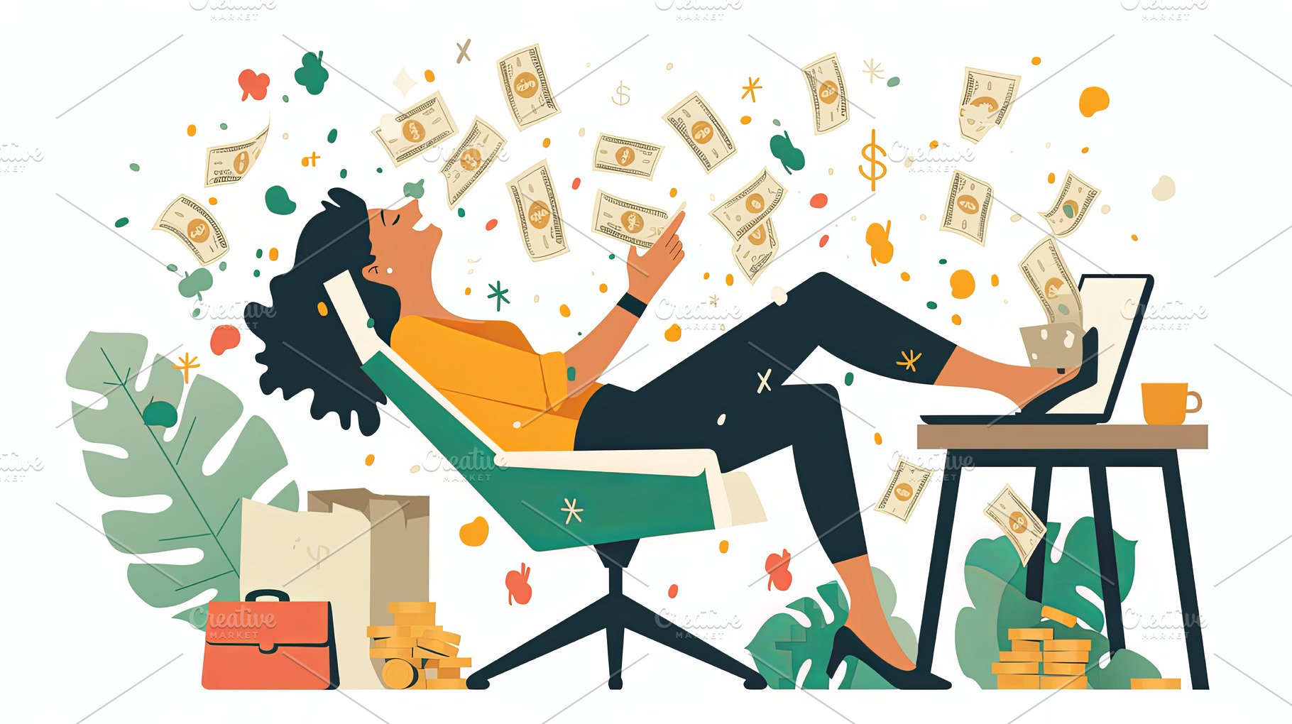 Woman enjoying financial success with online work in creative relaxing workspac, a Photo by AS photostudio