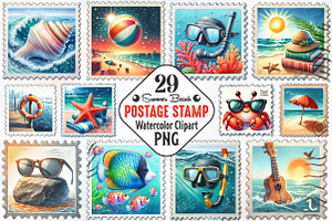 Summer Beach Postage Stamp Clipart, an Illustration by RobertsArt