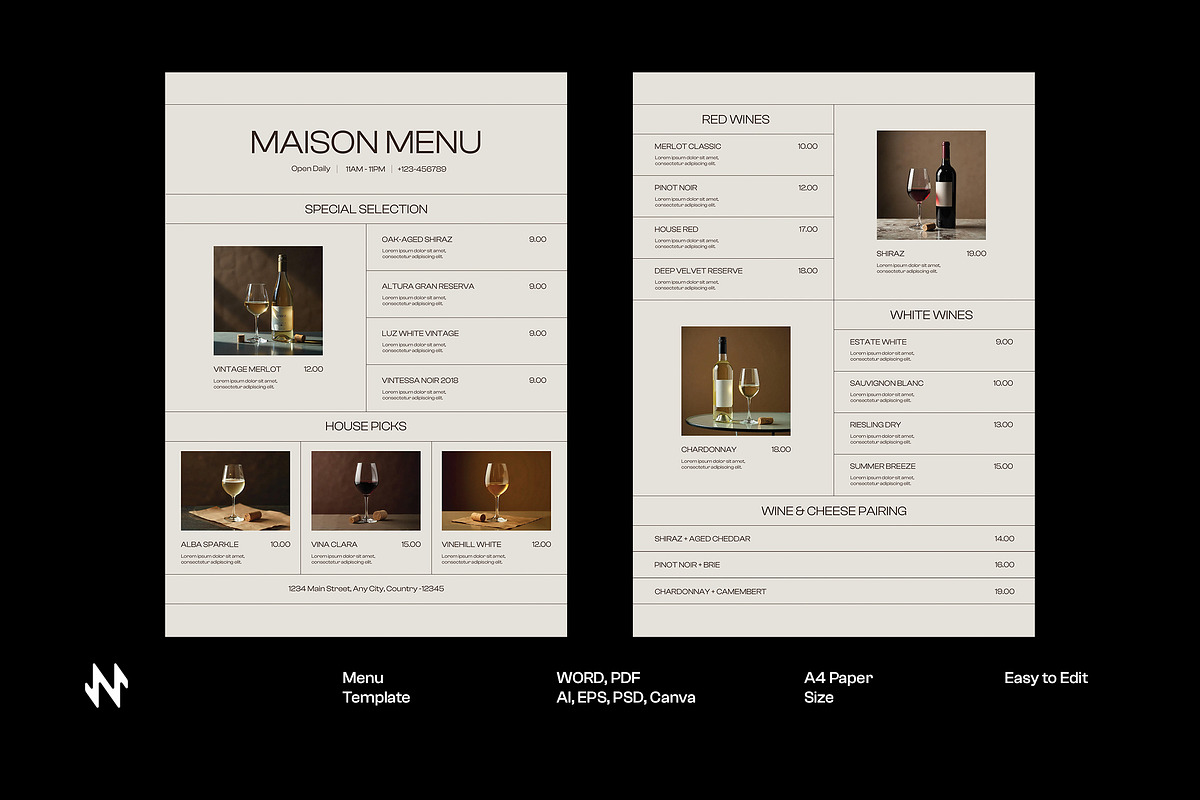 Elegant Wine House Menu