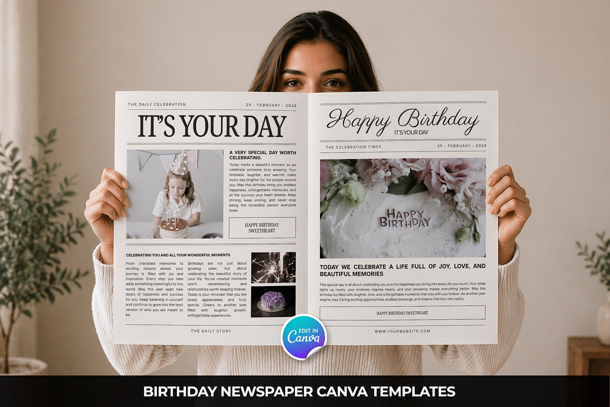 Birthday Newspaper Canva Template, a Magazine Template by Snapybiz (Photo 1 of 10)