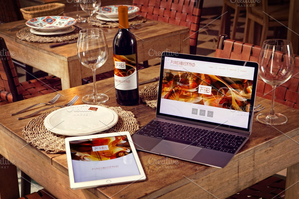 Wine Bottle, iPad Air 2, Macbook, a Books & Magazine Mockup by 4to Pixel (Photo 1 of 2)